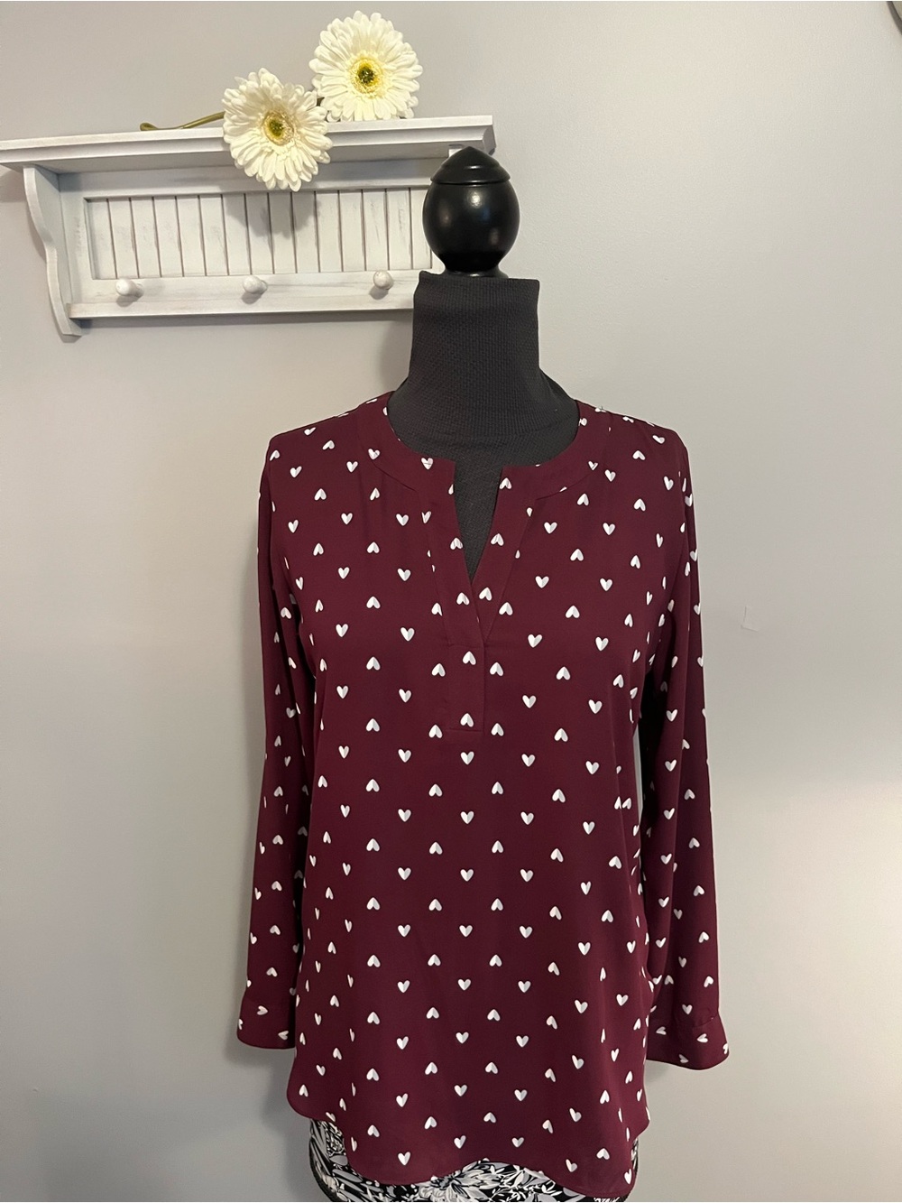 Maison Jules Plum Blouse with White Heart Print EUC